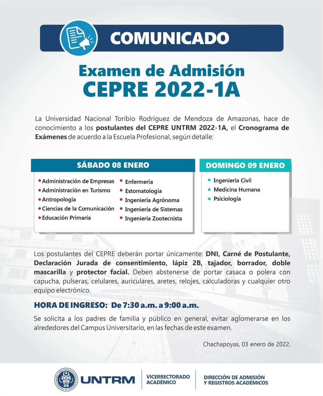 Examen de Admisión CEPRE 2022 1A Cronograma de Examenes UNTRM