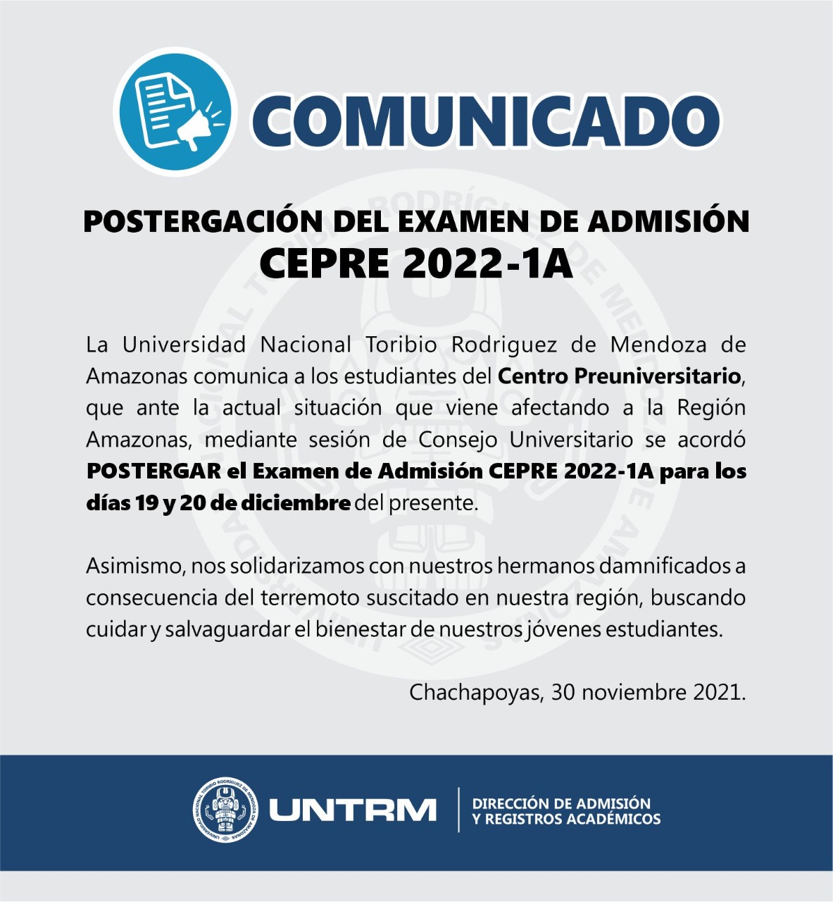 Postergación del Examen de Admisión CEPRE 2022 1A 19y20